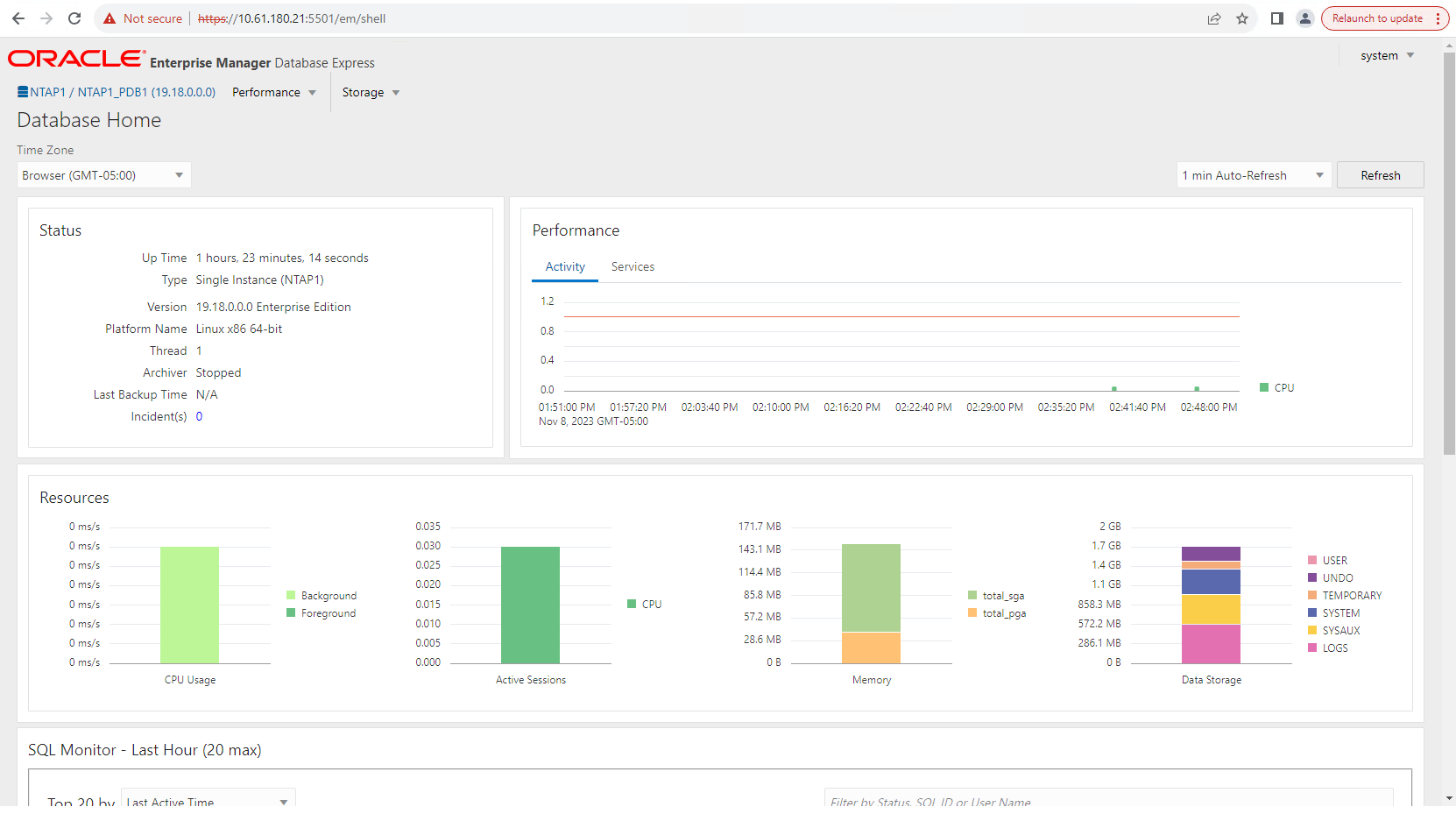 Esta imagem fornece uma visão do banco de dados PDB do Oracle Enterprise Manager Express