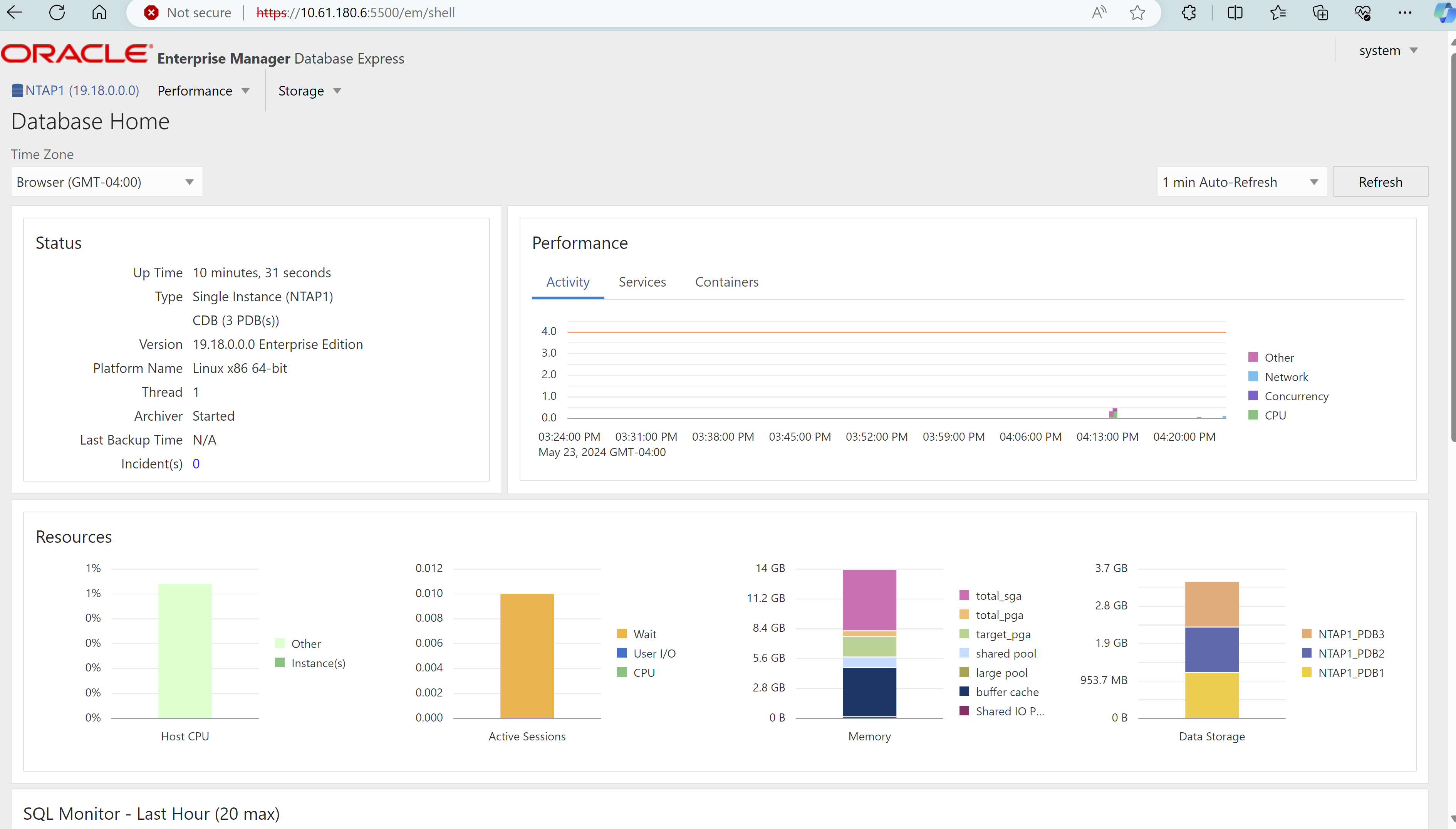 Esta imagem fornece uma visão do banco de dados do contêiner do Oracle Enterprise Manager Express