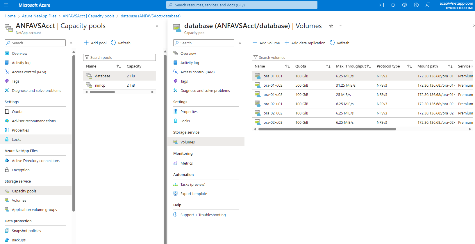 Esta imagem fornece a tela de provisionamento de volume ANF usando o console do portal do Azure