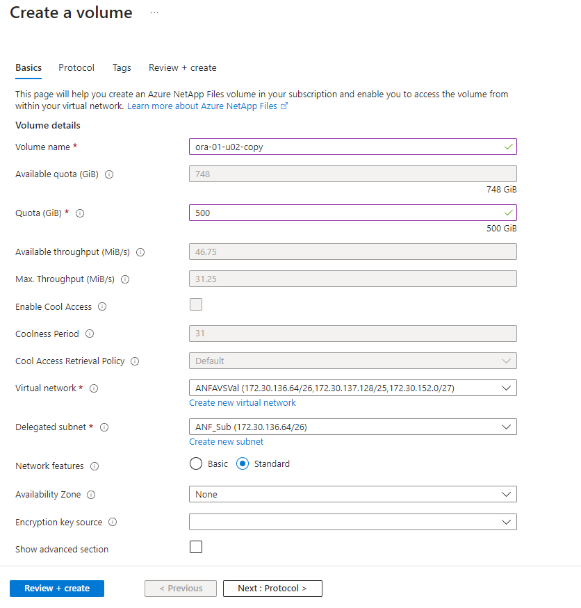 Esta imagem fornece a tela de provisionamento de volume ANF usando o console do portal do Azure