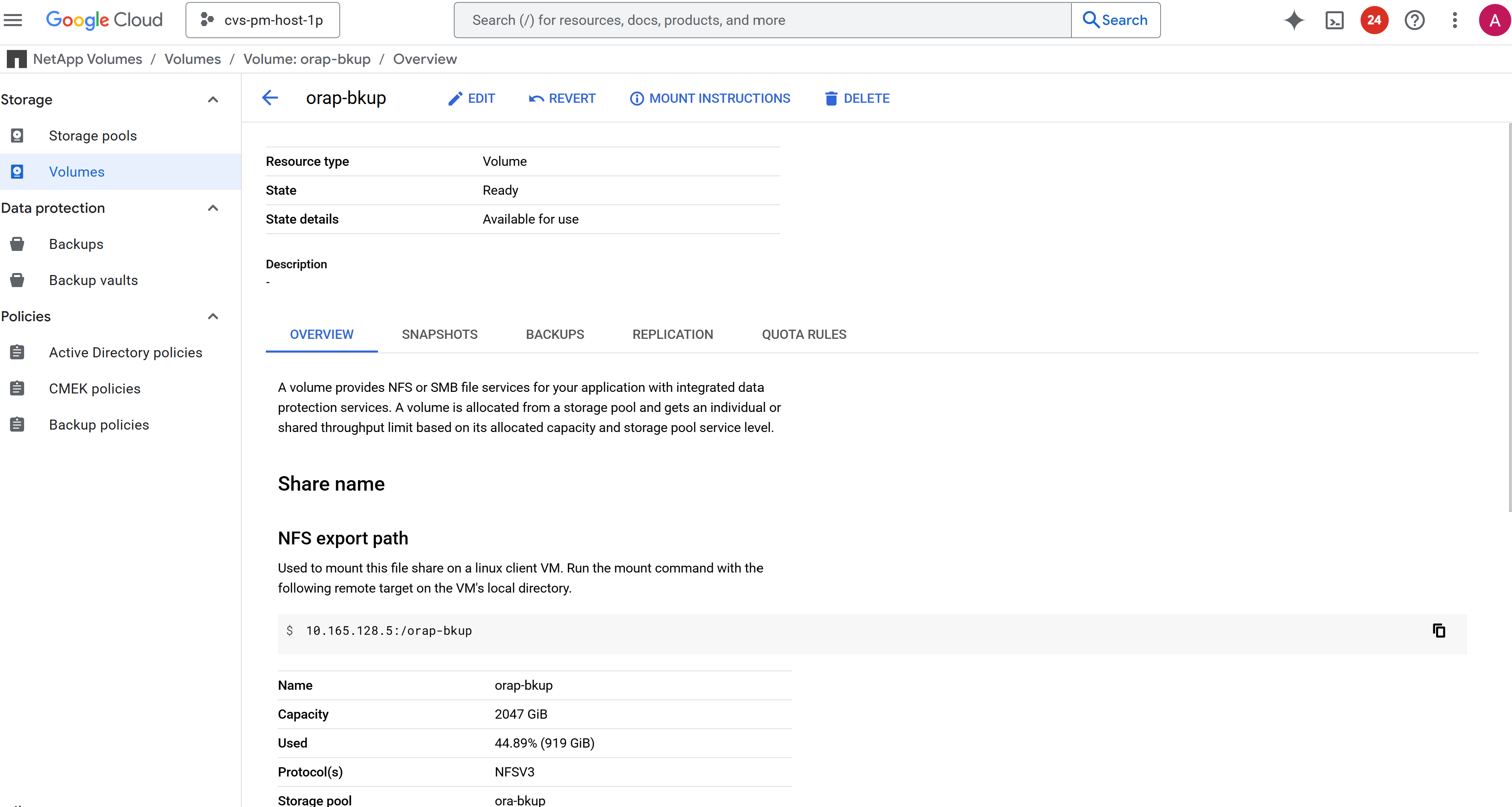Esta imagem mostra a tela de volumes de armazenamento GCNV do console do portal do Google Cloud