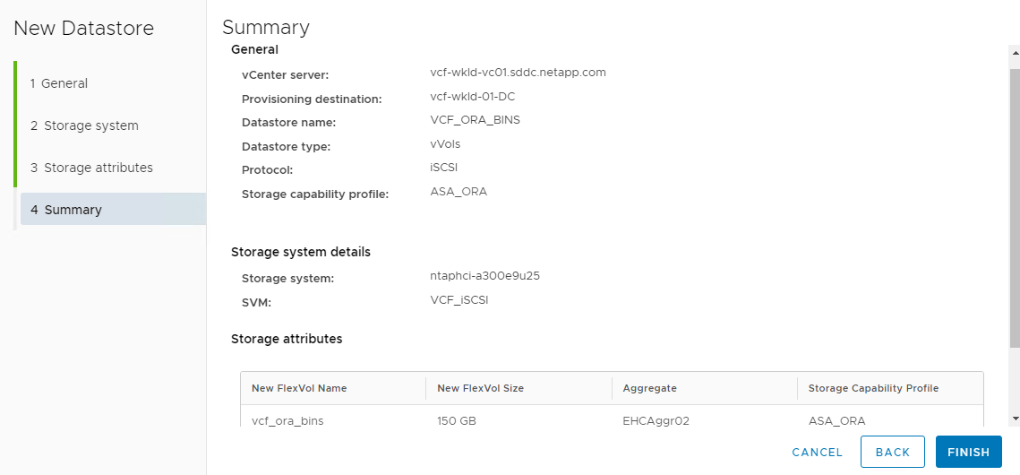 Captura de tela mostrando a configuração do armazenamento de dados vVols .