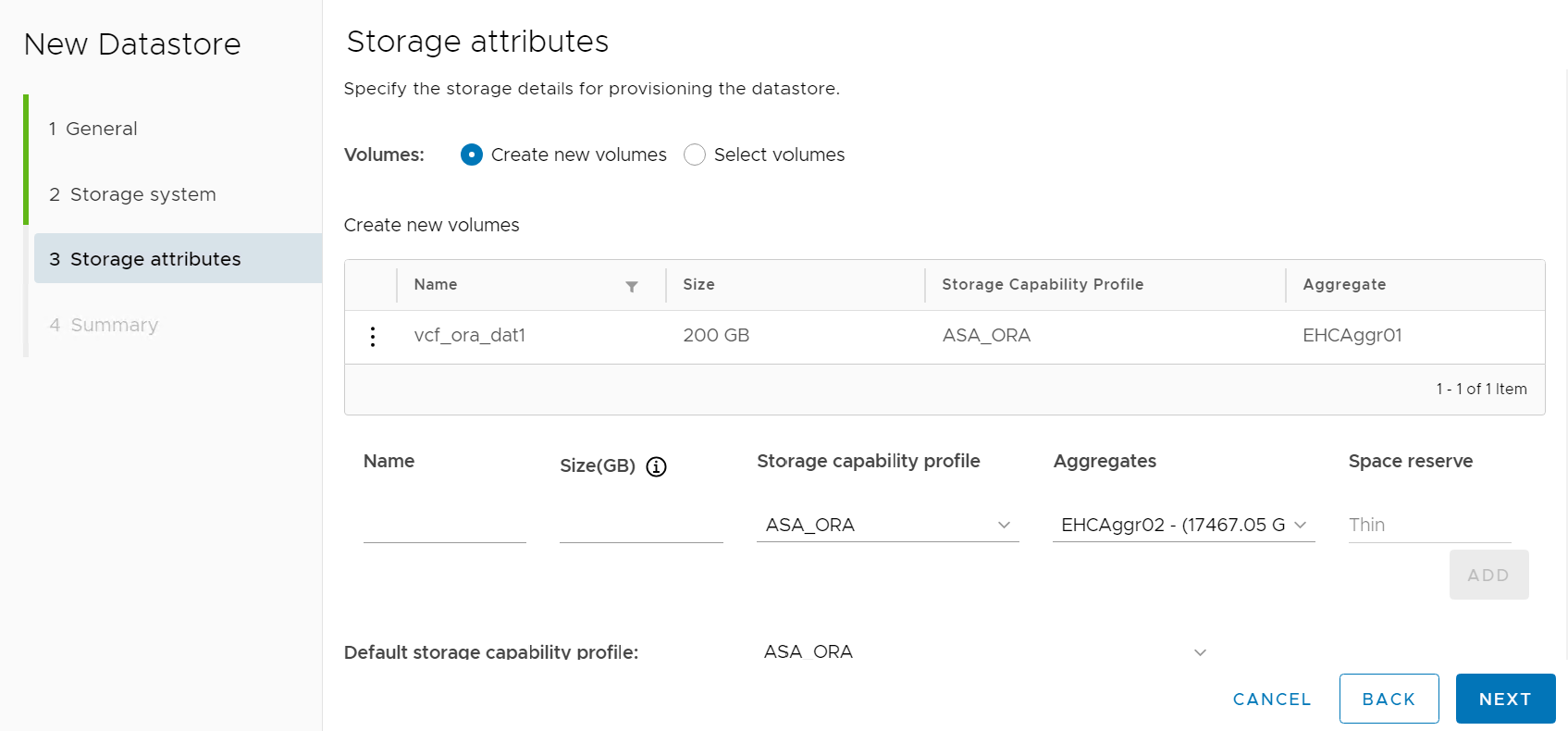 Captura de tela mostrando a configuração do armazenamento de dados vVols .