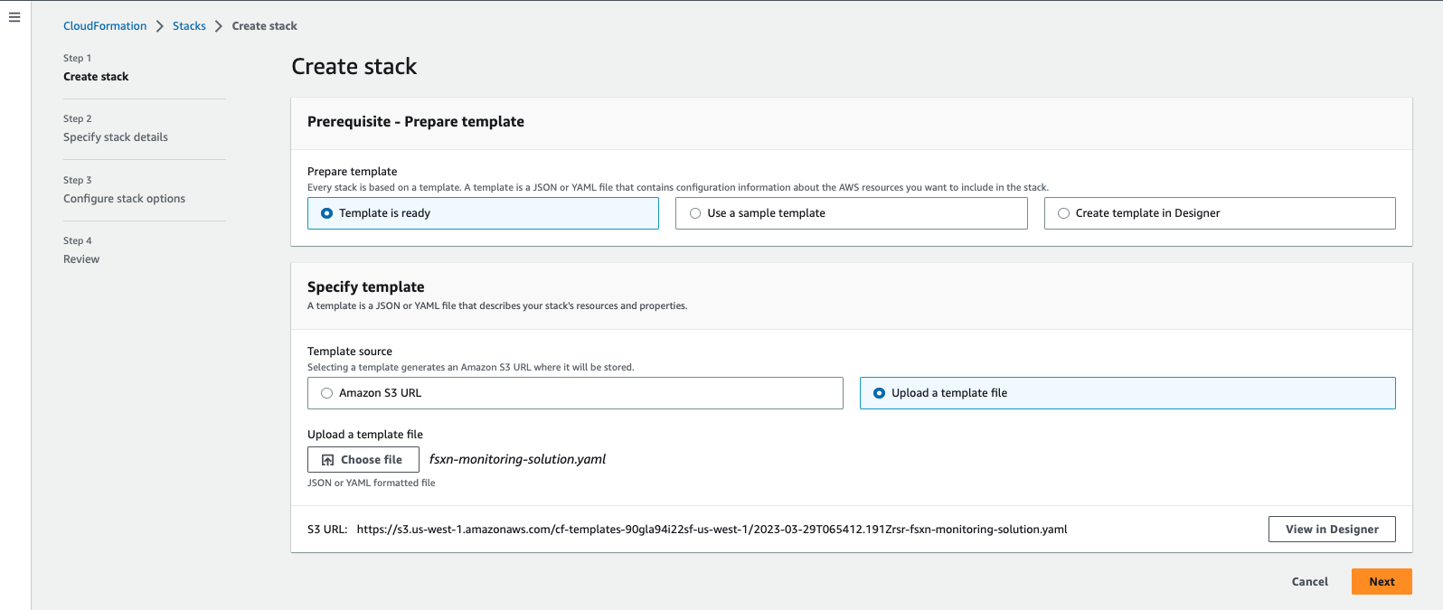 Esta imagem descreve a janela Criar pilha do AWS CloudFormation