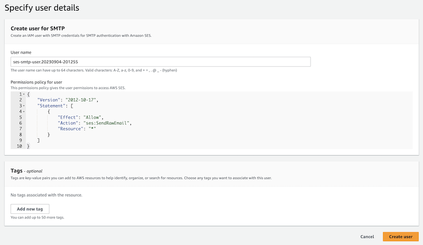 Esta imagem descreve a janela Criar credenciais SMTP no AWS SES