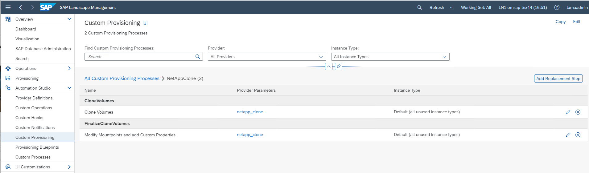 Captura de tela da tela Configuração de provisionamento personalizado. Os processos CloneVolumes e FinalizeCloneVolumes são listados.