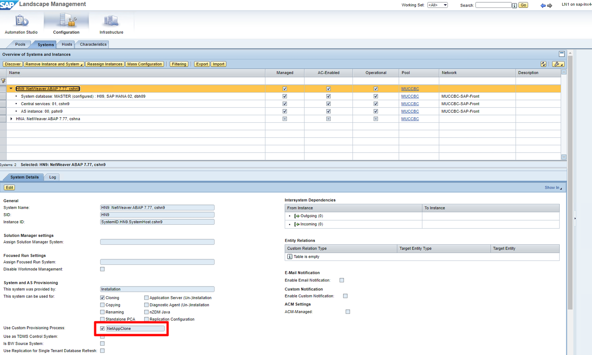 Captura de ecrã do ecrã SAP lama Configuration > Systems> System Details (Detalhes do sistema). A caixa de verificação utilizar processo de aprovisionamento personalizado está realçada.