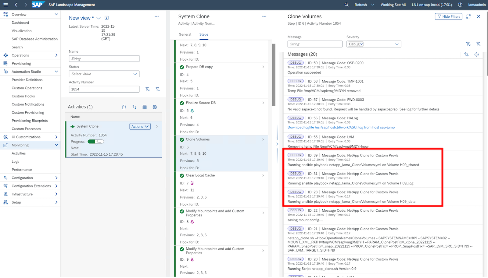 Este ecrã mostra os registos que detalham o clone de volume.