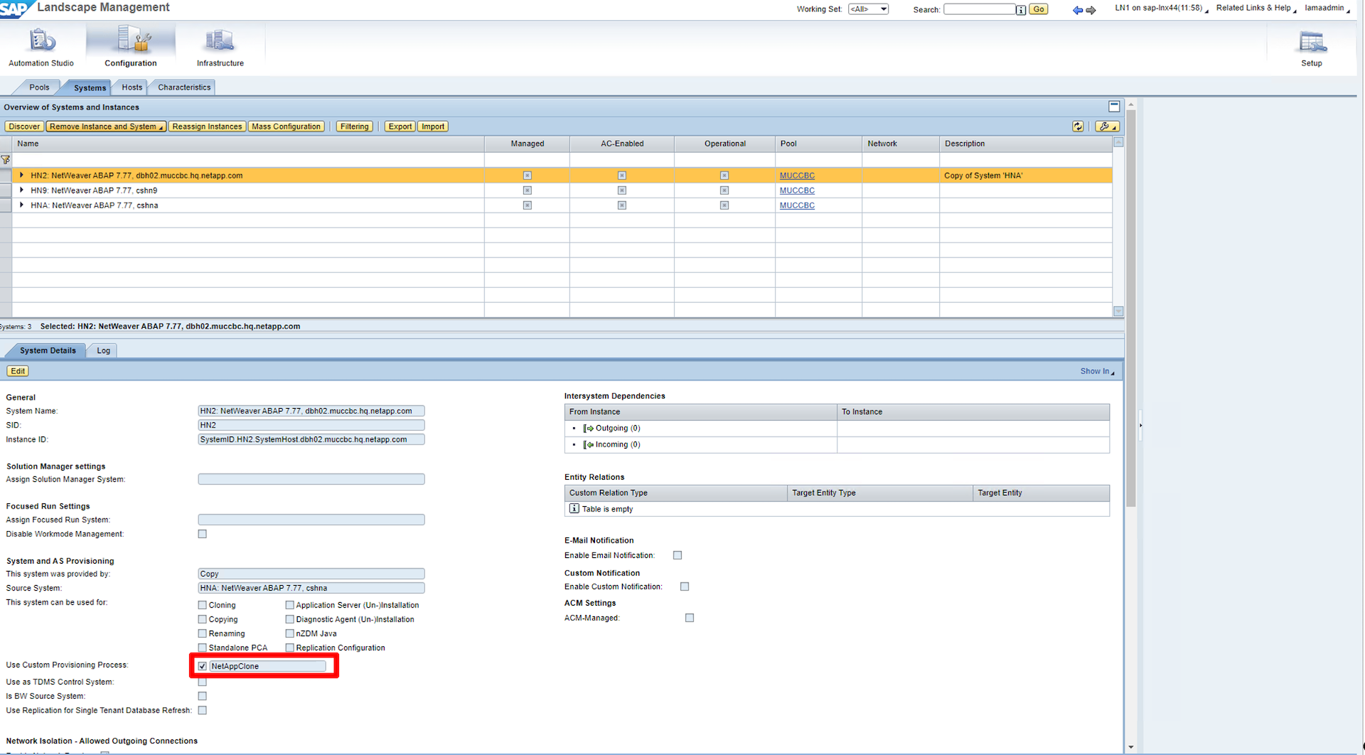 Esta captura de tela mostra a tela Lama Systems juntamente com os detalhes do sistema, e a caixa de seleção usar processo de processamento personalizado está marcada.