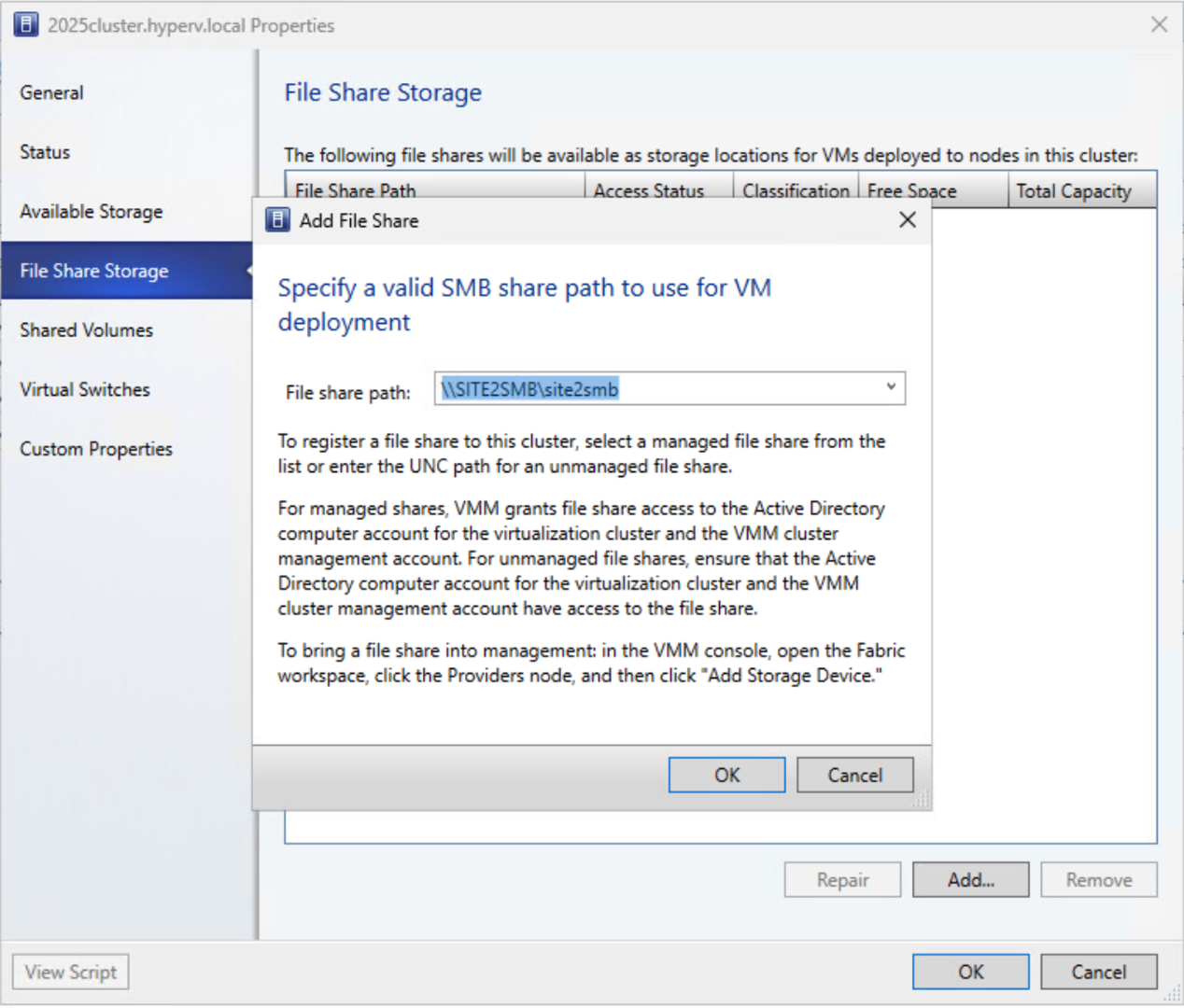 Adicionar compartilhamento de arquivos SMB aos clusters de host do Hyper-V