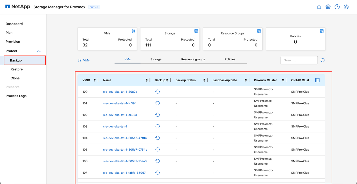 Página de backup do SMP Protect listando máquinas virtuais Proxmox