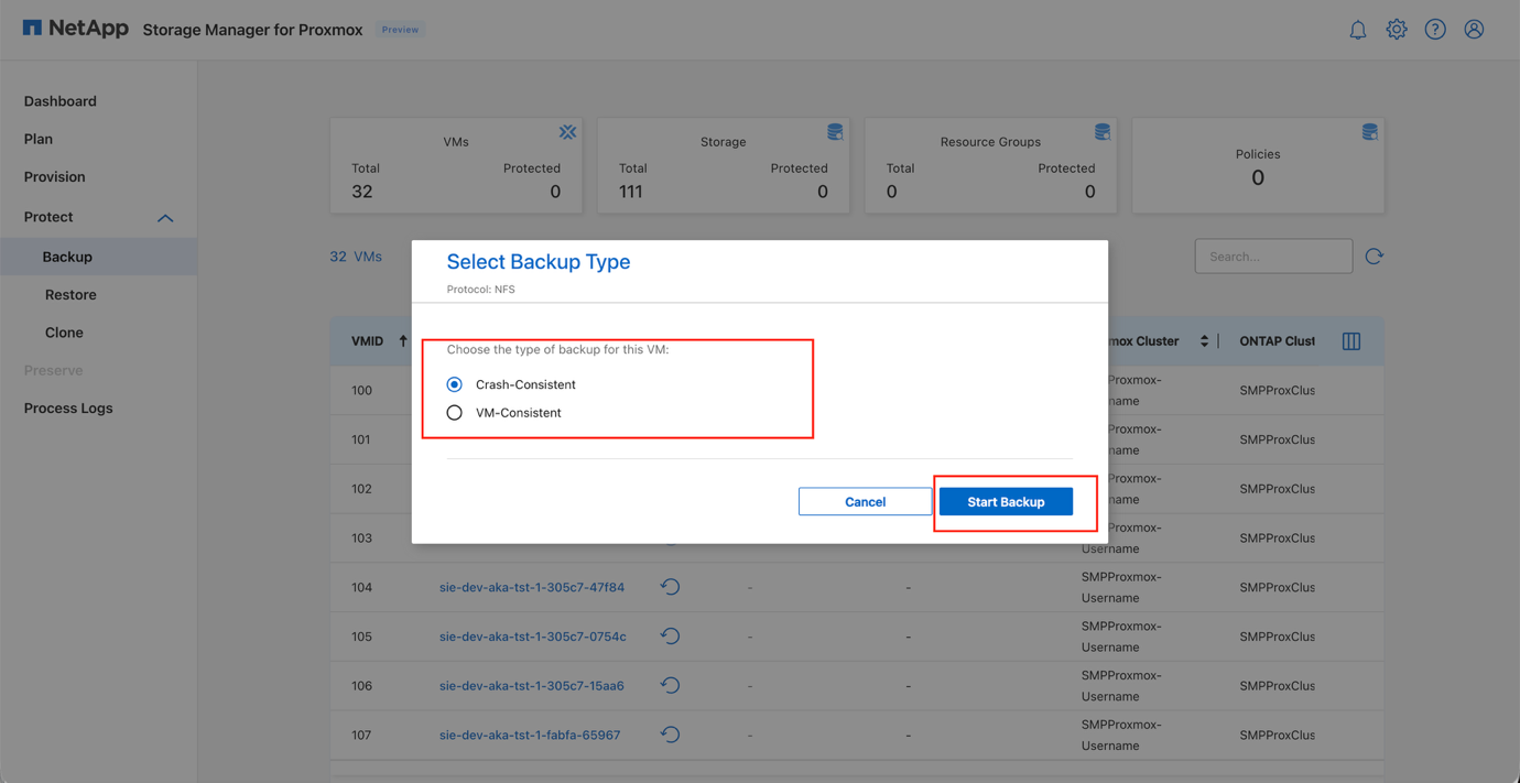 Diálogo de backup mostrando a seleção da máquina virtual e opções de backup