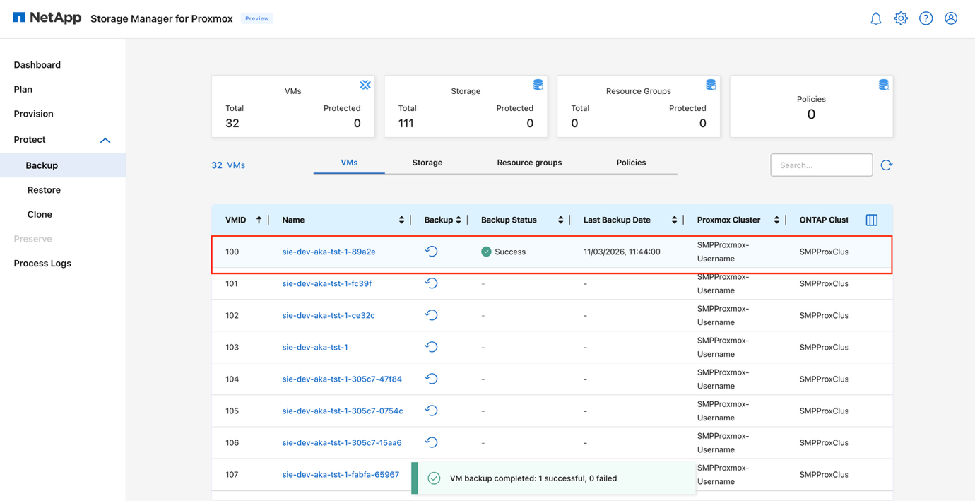 O progresso do backup mostra a criação de um snapshot temporário do Proxmox e de um snapshot do ONTAP