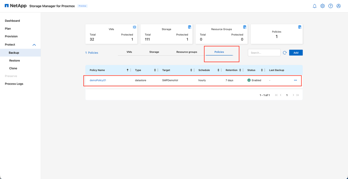 Configuração da política de backup mostrando replicação e opções avançadas