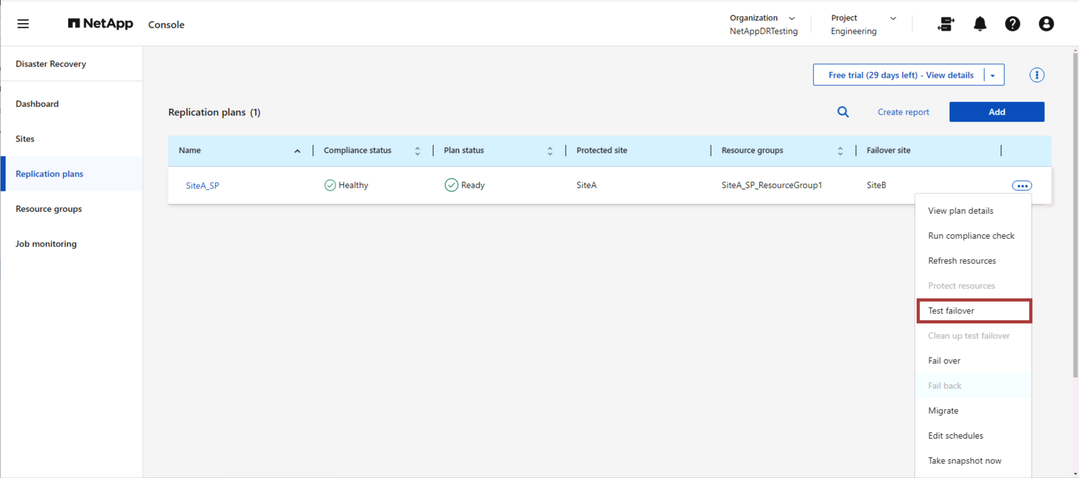 Teste de failover do plano de replicação do NetApp Disaster Recovery