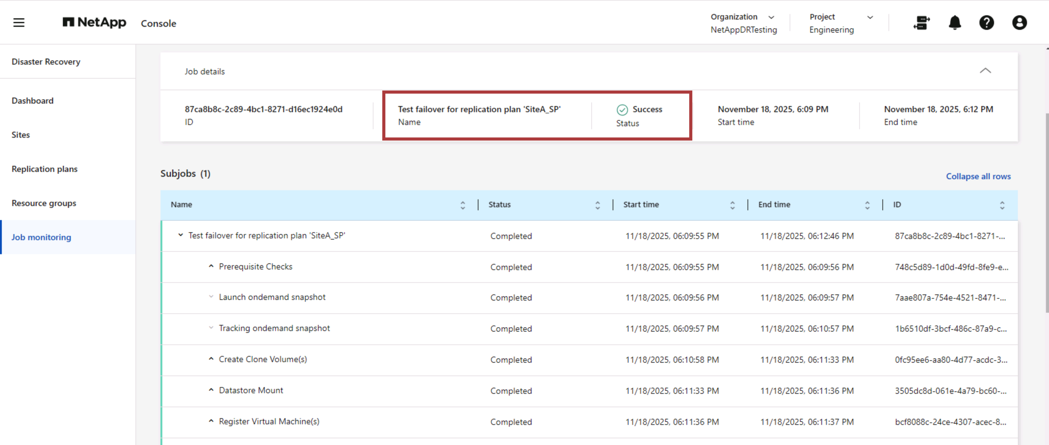 Resultado do teste de failover do plano de replicação do NetApp Disaster Recovery