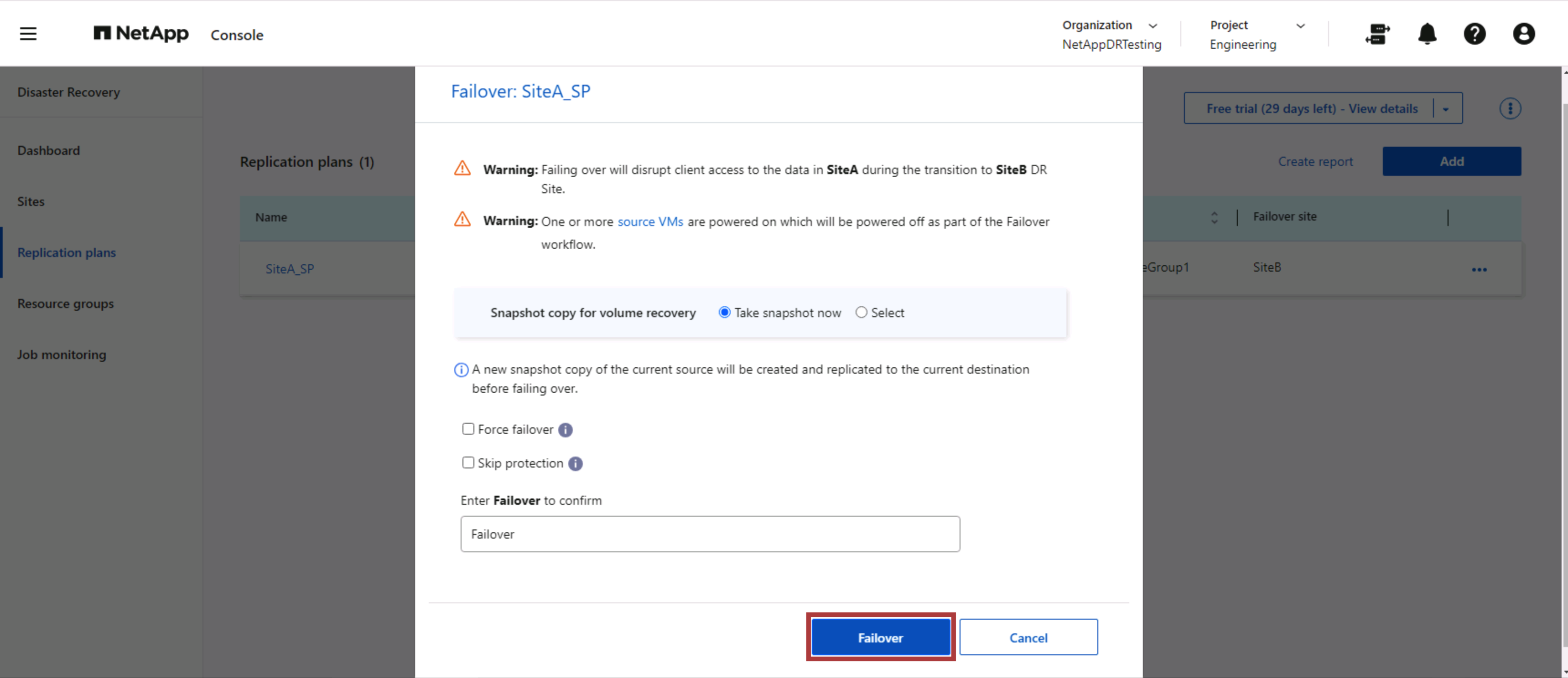 Confirmação da ação de failover do plano de replicação do NetApp Disaster Recovery