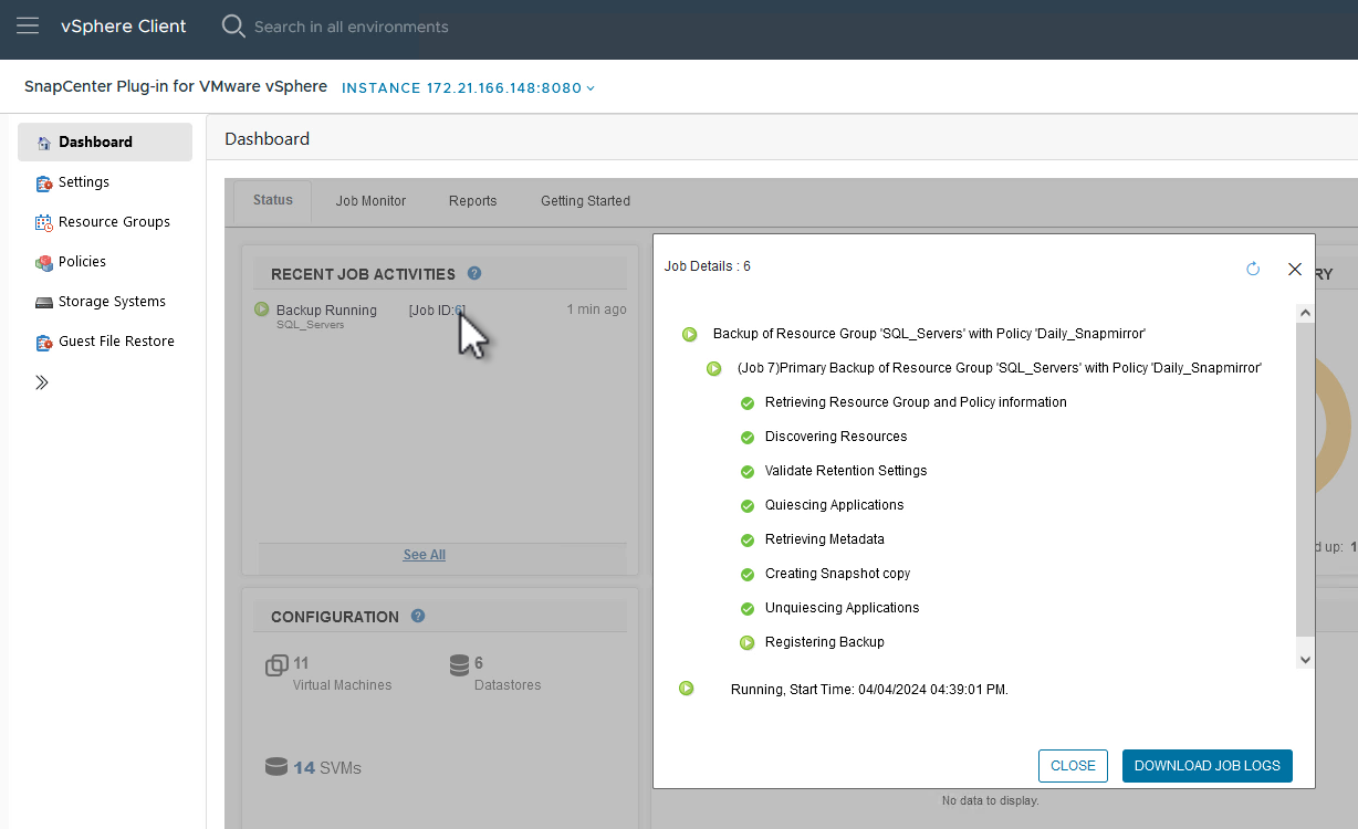 Ver o andamento do trabalho de backup