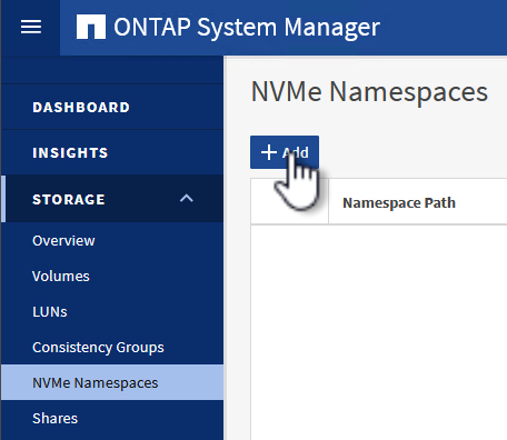 Clique em +Adicionar para criar o namespace NVMe
