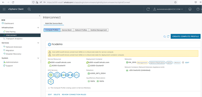 Captura de tela da página do vSphere Client Interconnect.