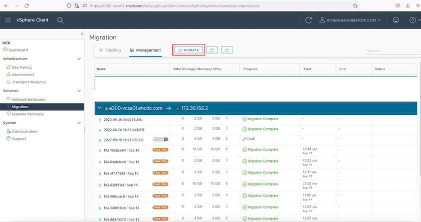 Captura de tela da seção migração no cliente vSphere.