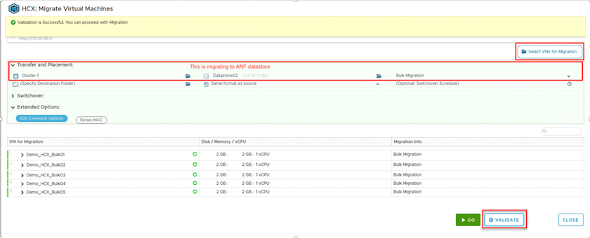 Captura de tela da seção transferência e colocação do cliente vSphere.