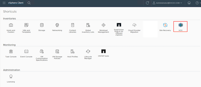 Captura de tela do plug-in do HCX vSphere Web Client.