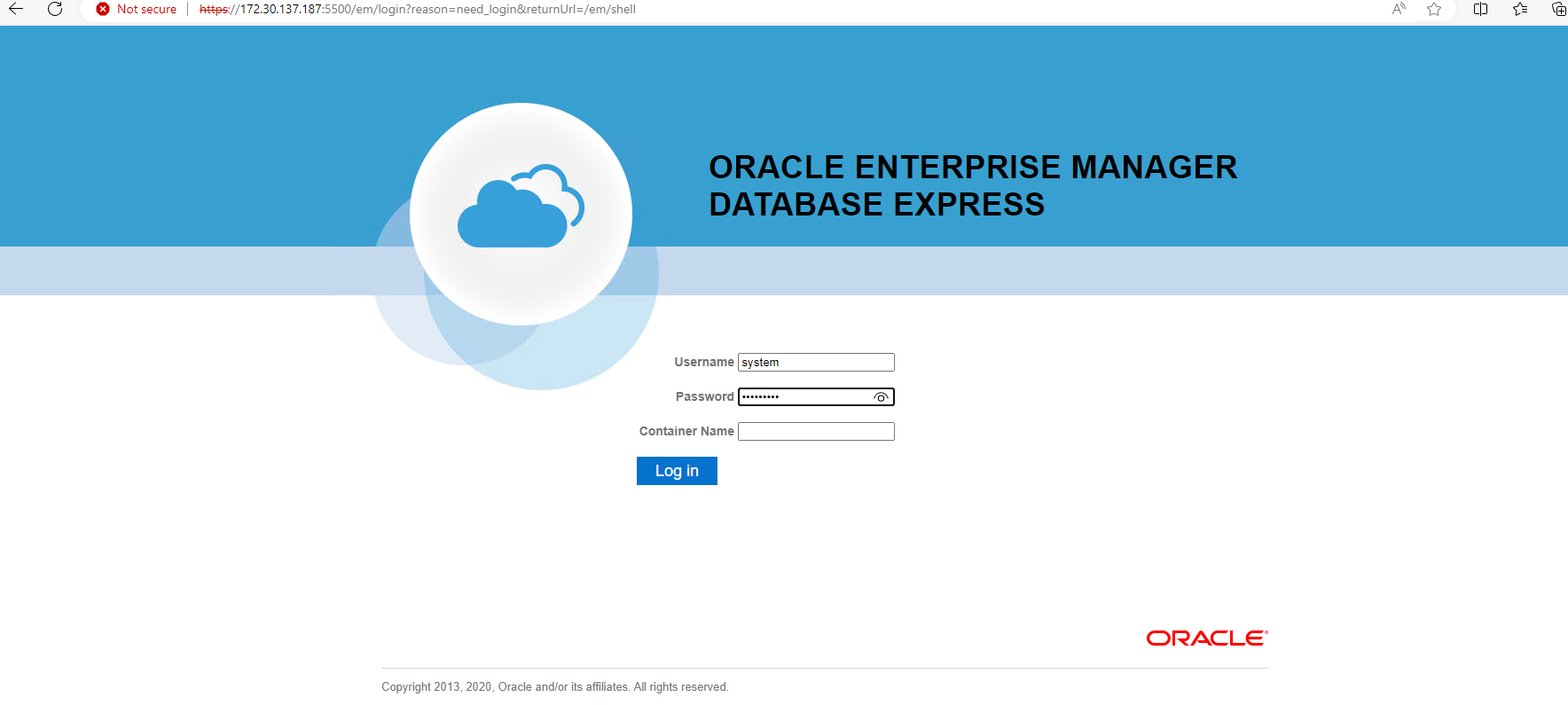 Esta imagem fornece tela de login para o Oracle Enterprise Manager Express