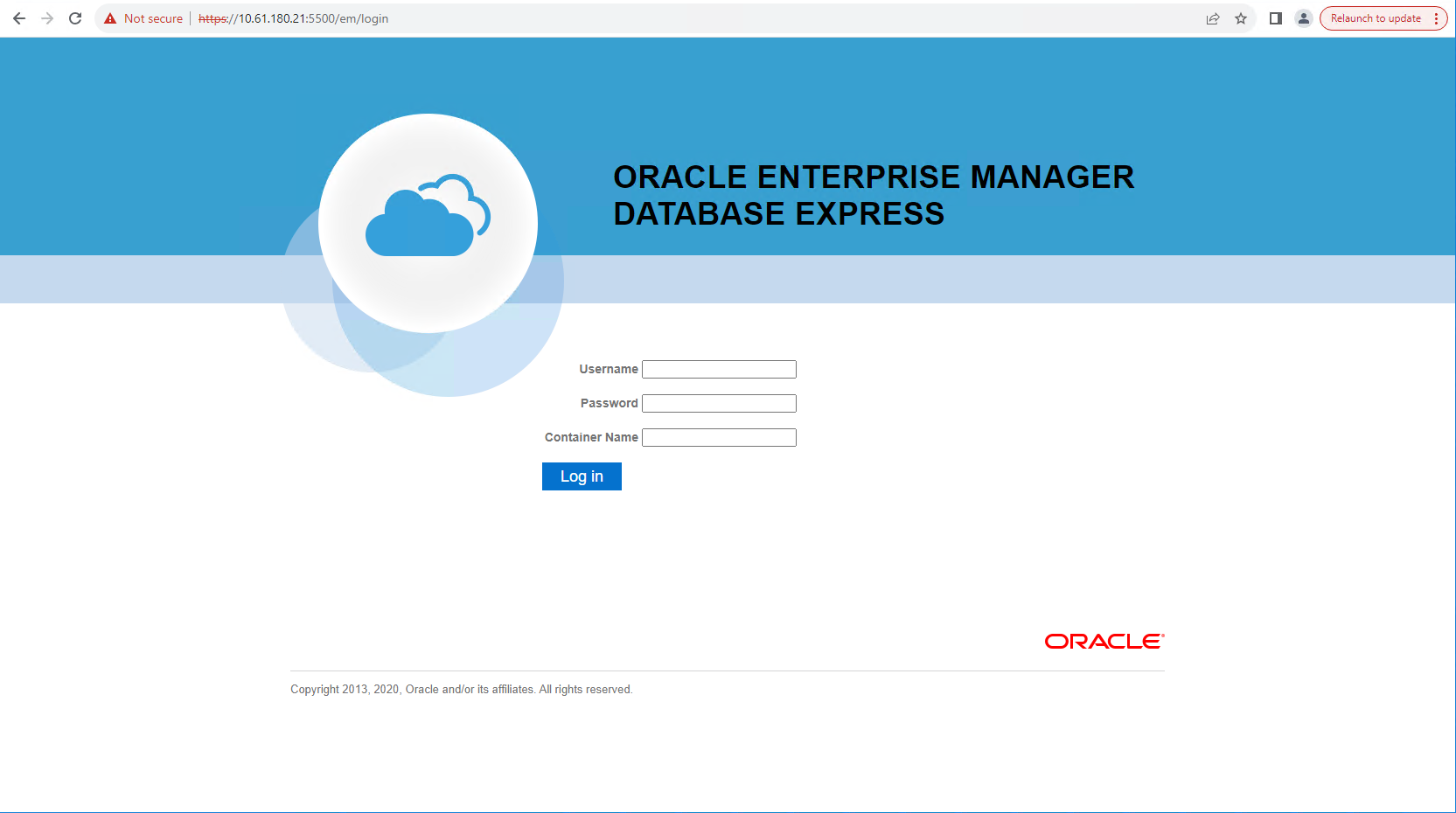 Esta imagem fornece tela de login para o Oracle Enterprise Manager Express