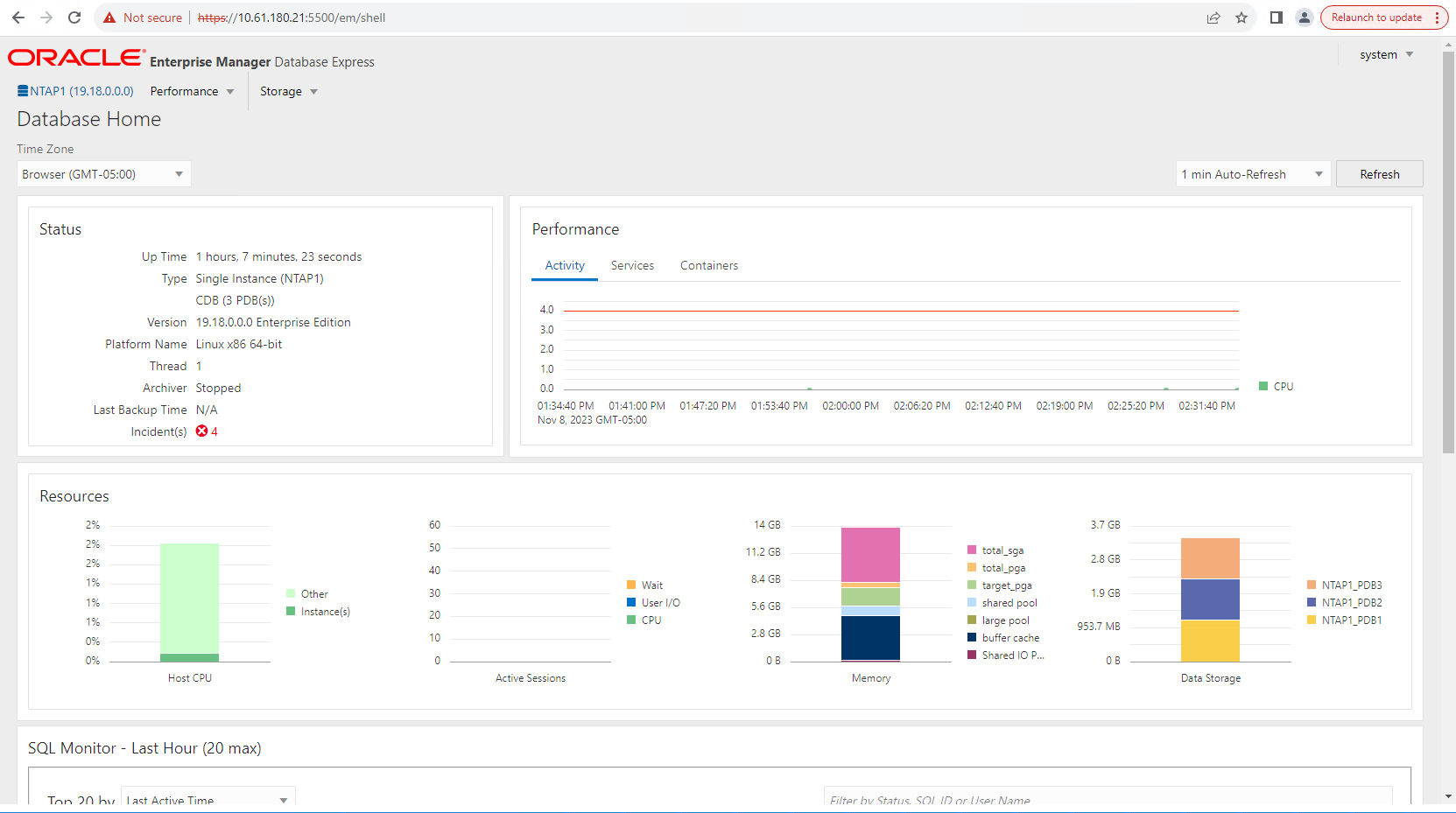 Esta imagem fornece visualização do banco de dados de contentores do Oracle Enterprise Manager Express