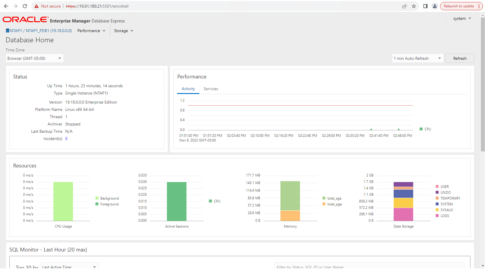 Esta imagem fornece visualização de banco de dados PDB do Oracle Enterprise Manager Express