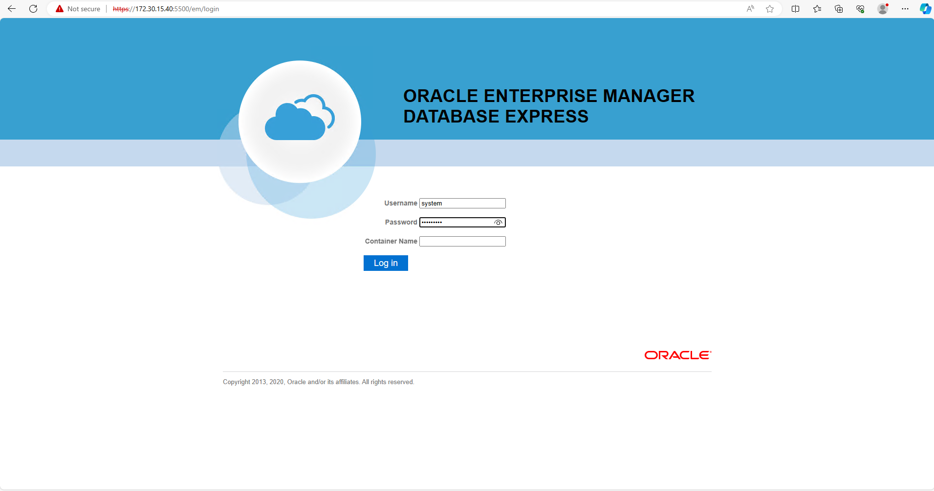 Esta imagem fornece tela de login para o Oracle Enterprise Manager Express