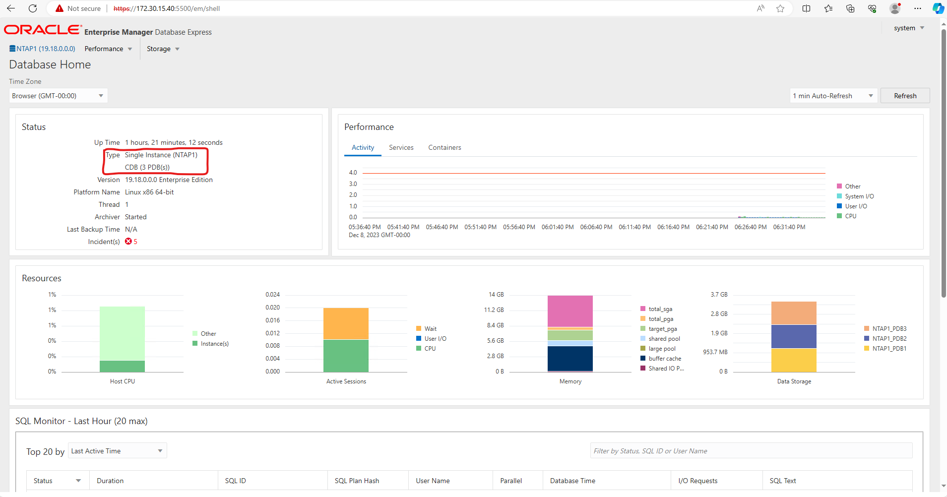 Esta imagem fornece visualização do banco de dados de contentores do Oracle Enterprise Manager Express