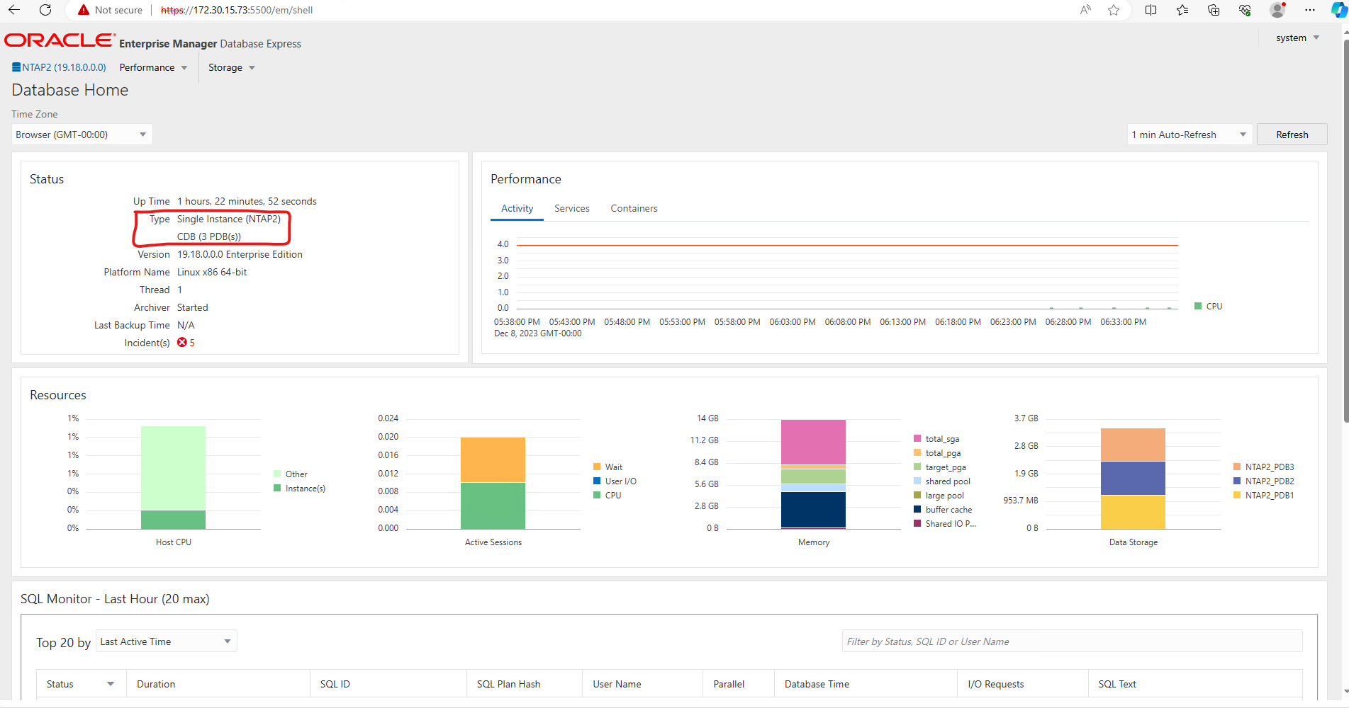 Esta imagem fornece visualização do banco de dados de contentores do Oracle Enterprise Manager Express