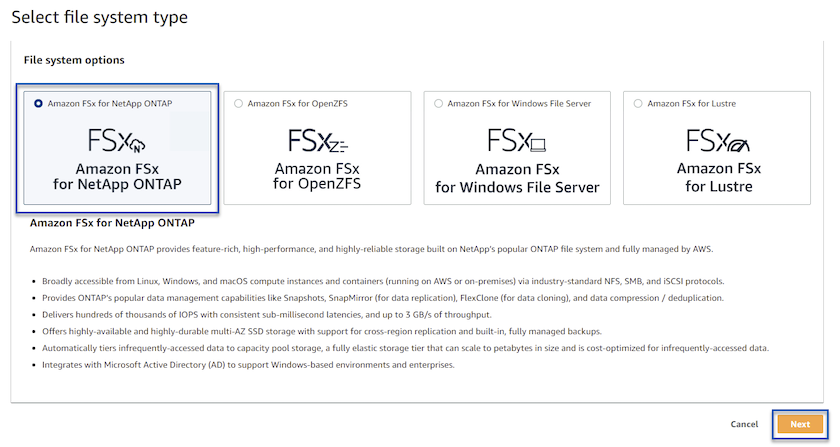 Selecione Amazon FSX ONTAP