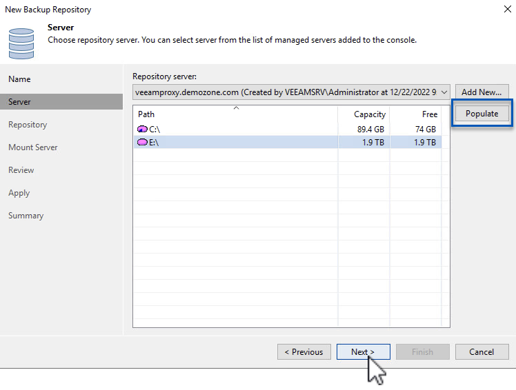 Selecione Backup Repository Server