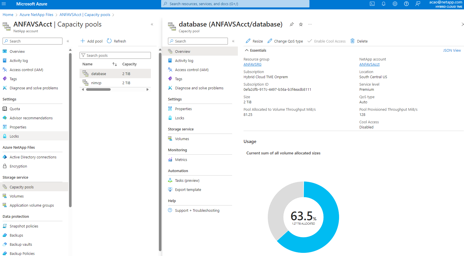 Essa imagem fornece a tela de provisionamento de volume do ANF usando o console do portal do Azure