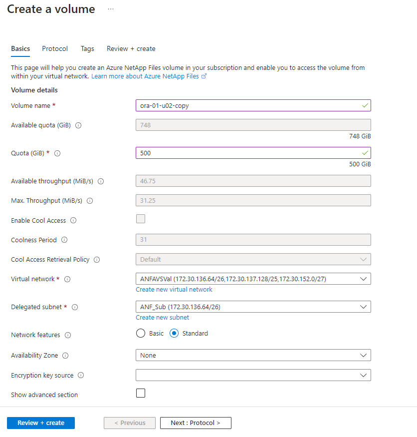 Essa imagem fornece a tela de provisionamento de volume do ANF usando o console do portal do Azure