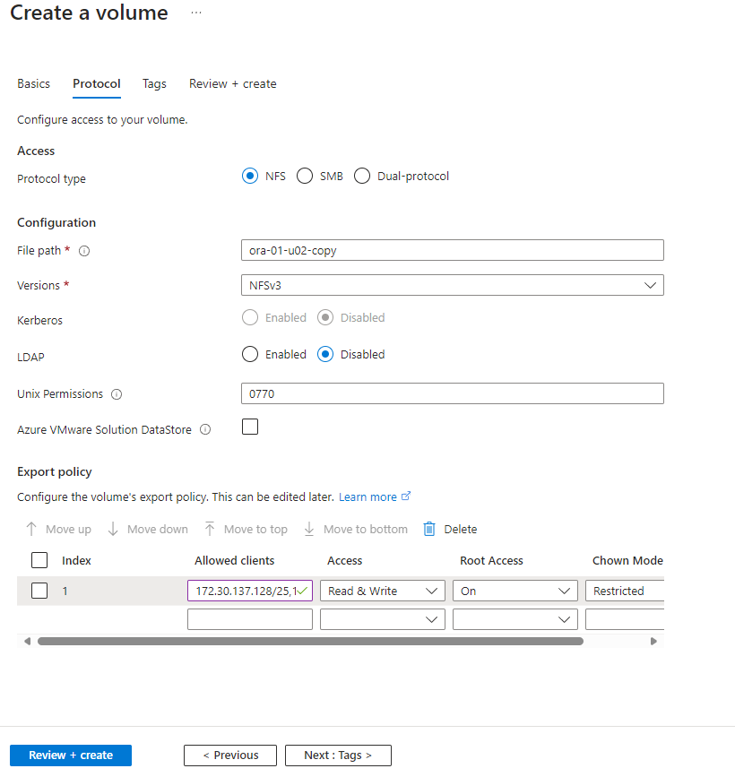 Essa imagem fornece a tela de provisionamento de volume do ANF usando o console do portal do Azure