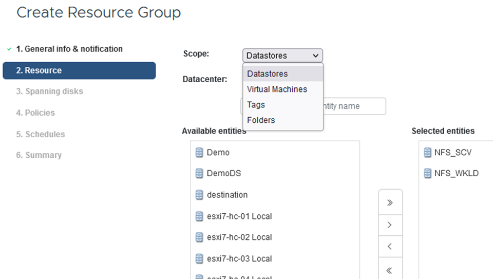 Selecione datastores e máquinas virtuais