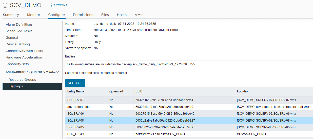 Selecione VM para restaurar