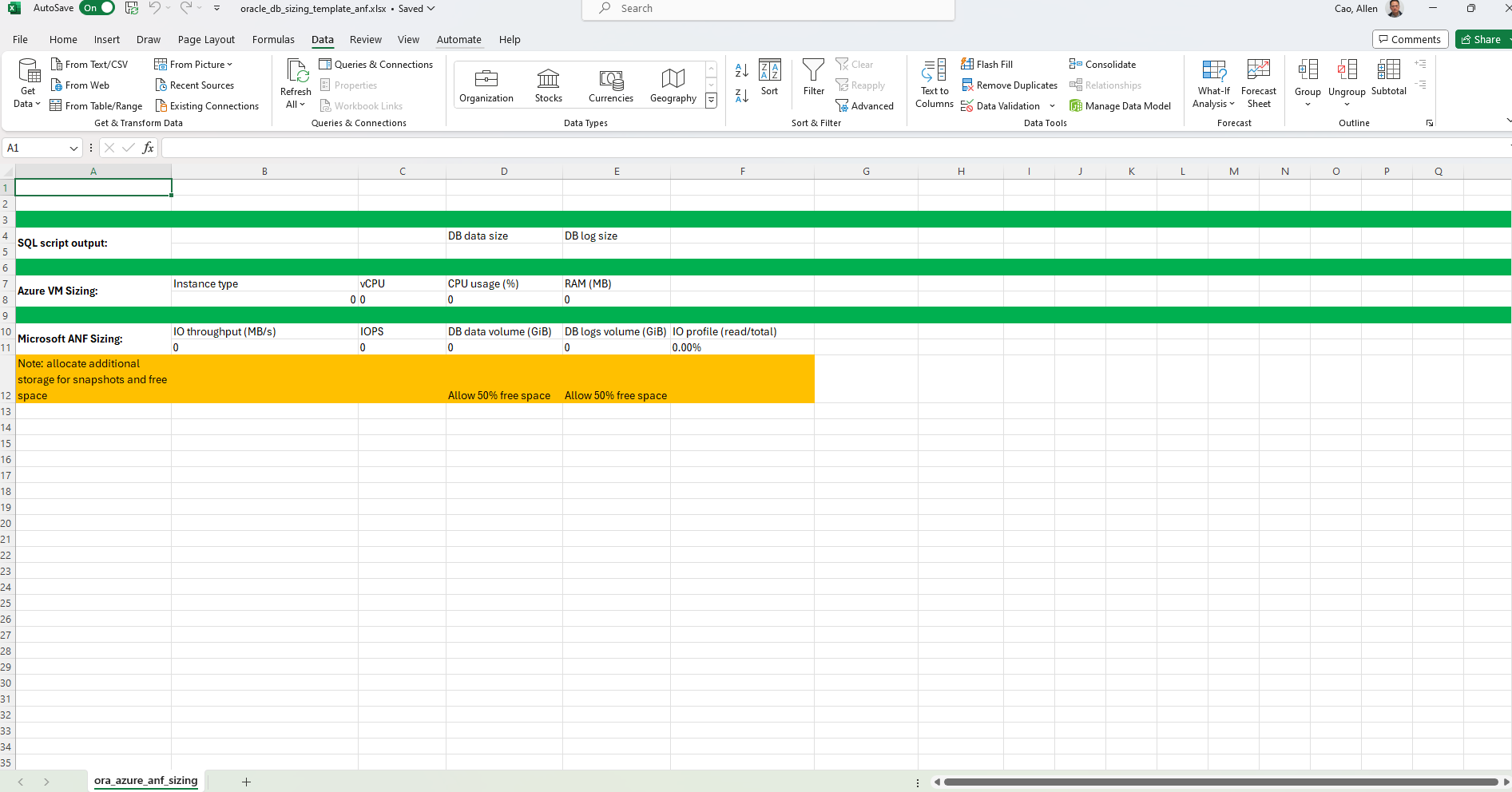 Esta imagem fornece captura de tela de modelo excel para dimensionamento Oracle