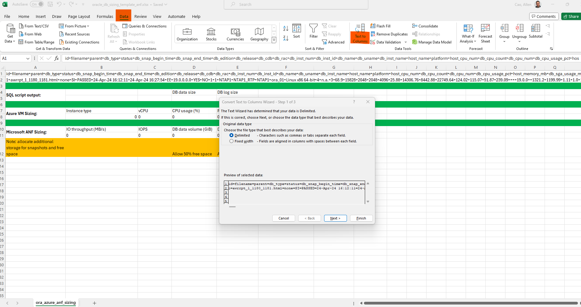 Esta imagem fornece captura de tela de modelo excel para dimensionamento Oracle