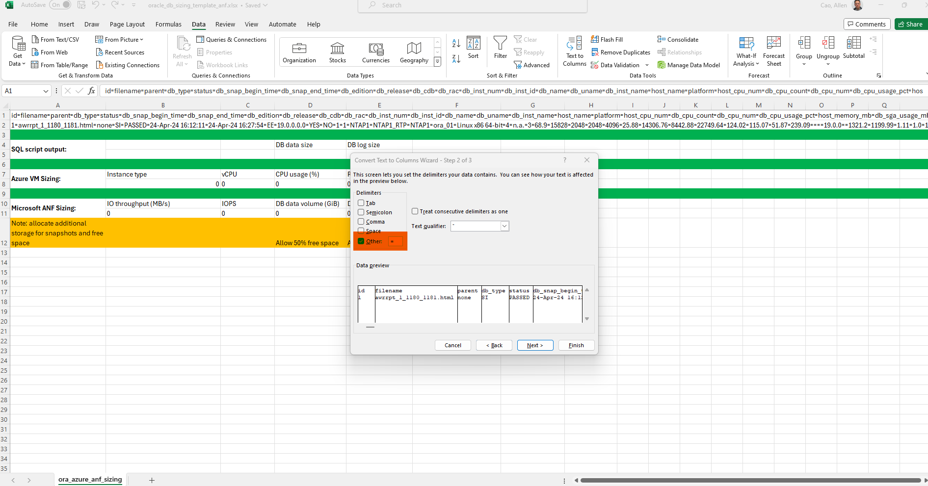 Esta imagem fornece captura de tela de modelo excel para dimensionamento Oracle