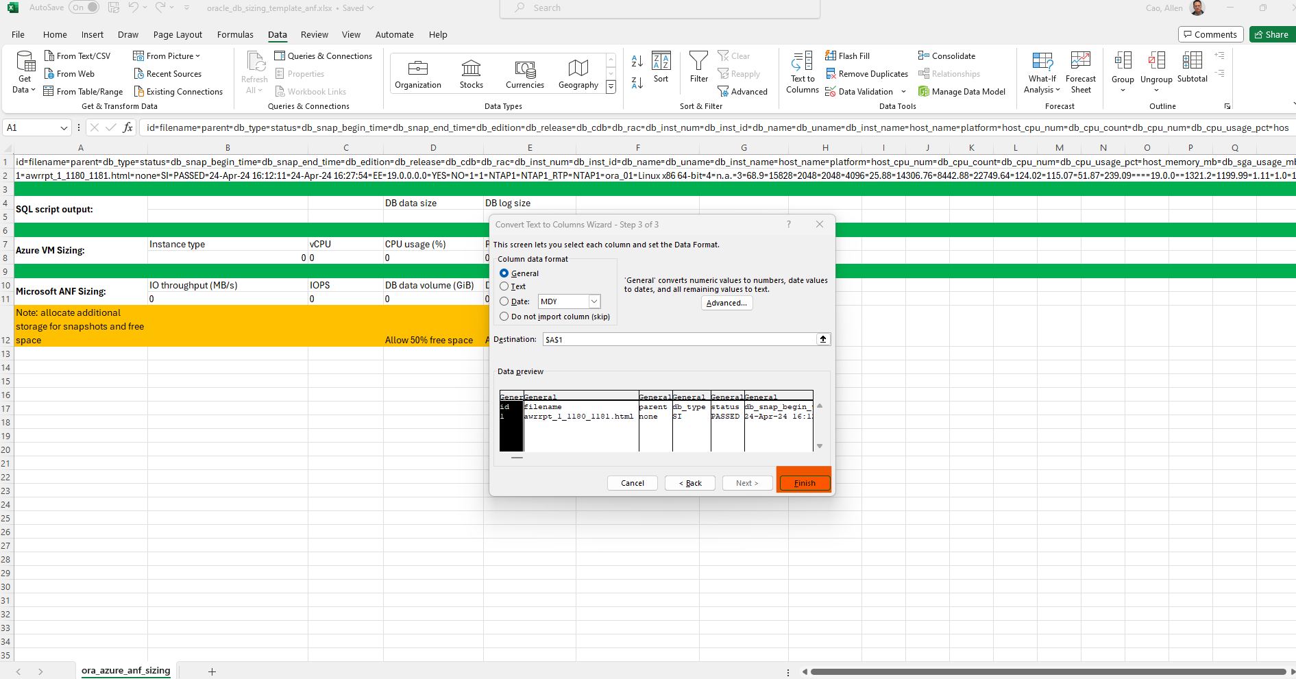 Esta imagem fornece captura de tela de modelo excel para dimensionamento Oracle