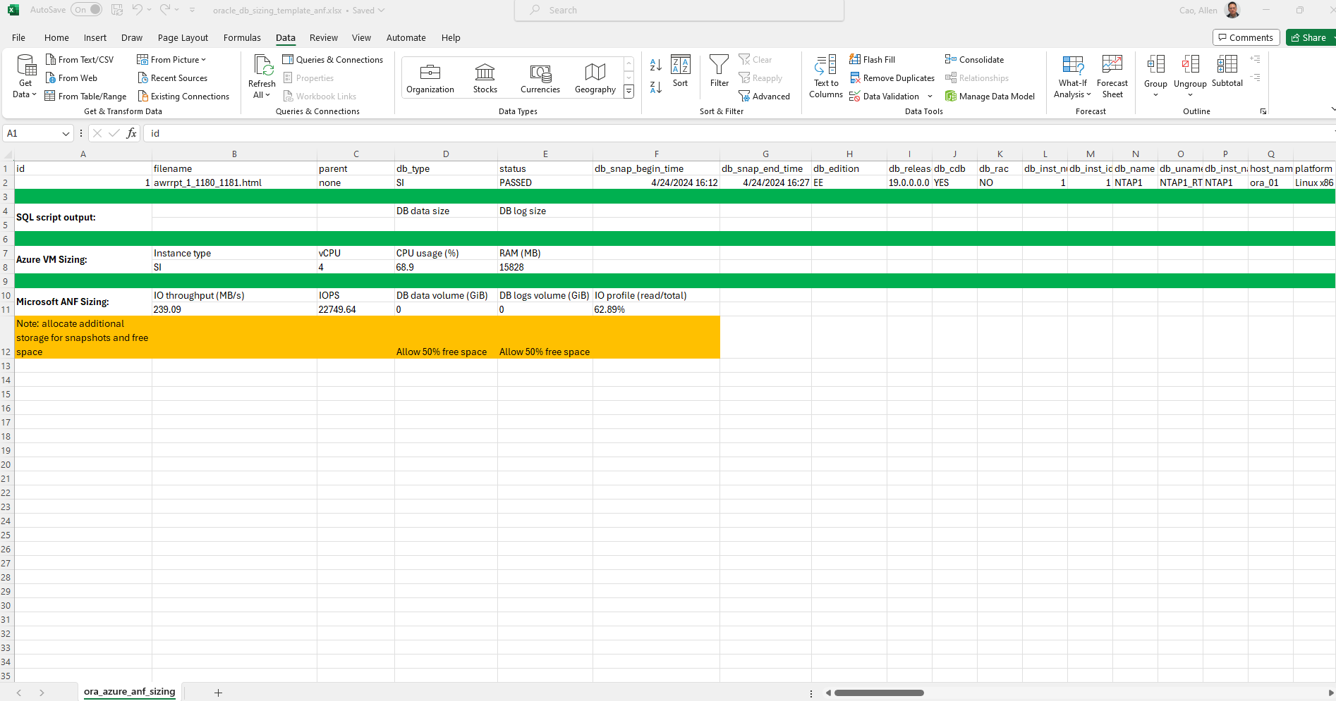 Esta imagem fornece captura de tela de modelo excel para dimensionamento Oracle