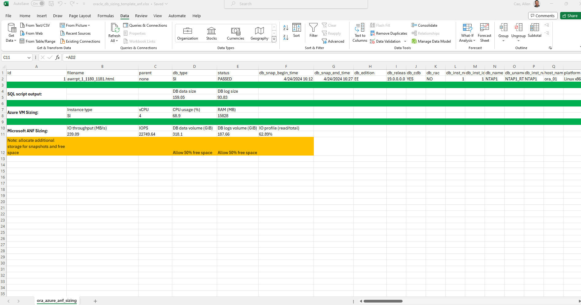 Esta imagem fornece captura de tela de modelo excel para dimensionamento Oracle