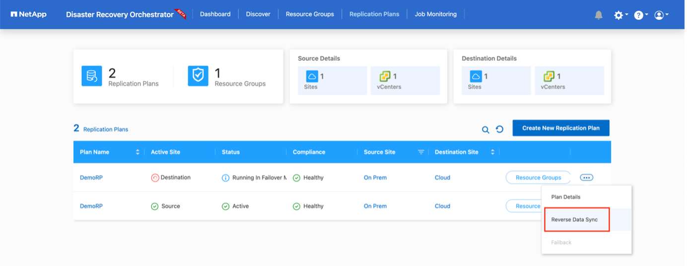 Captura de tela da visão geral do Plano de replicação com menu suspenso contendo a opção Reverse Data Sync (sincronização de dados reversa).