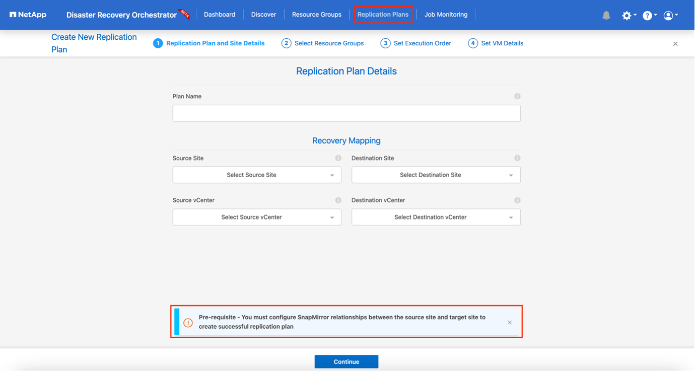 Captura de tela dos detalhes do plano de replicação, incluindo o mapeamento de recuperação.