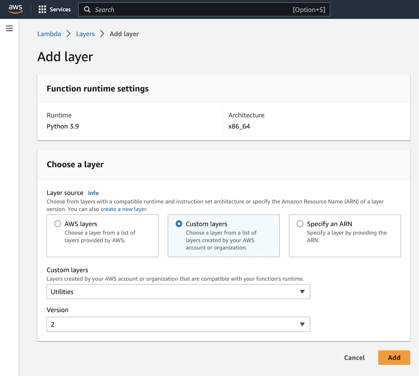 Esta imagem mostra a janela adicionar camada no console de função do AWS Lambda.